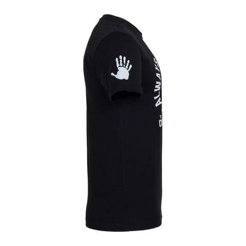Side view of black tee with 6-finger hand print on right sleeve