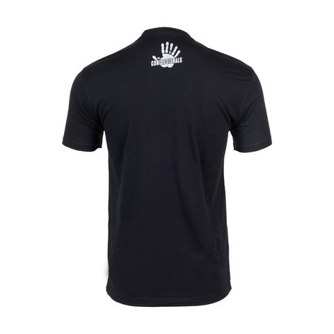 Back of black tee with hand print graphic and "CONFESSIONALS" text on upper back