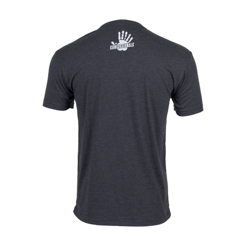 Back of charcoal tee with hand print graphic and "CONFESSIONALS" text on upper back