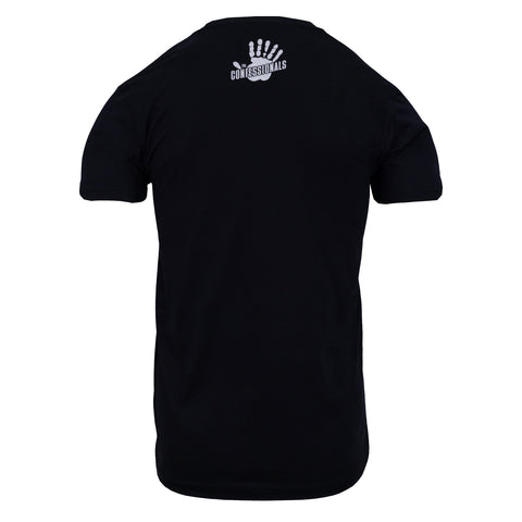 Rear view of black tee with white THE CONFESSIONALS logo on upper back