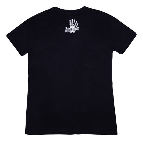 Rear view of ladies black tee with white THE CONFESSIONALS logo on upper back