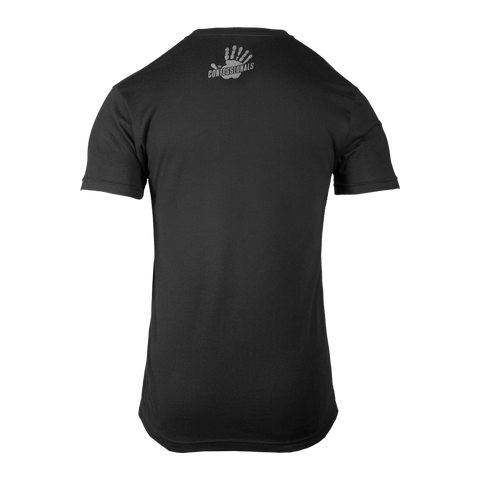 Rear view of black tee with a confessionals logo on upper back