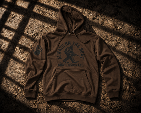Brown On The Hunt pullover hoodie with black Bigfoot graphic, “Always on the Hunt” text and sleeve handprint.