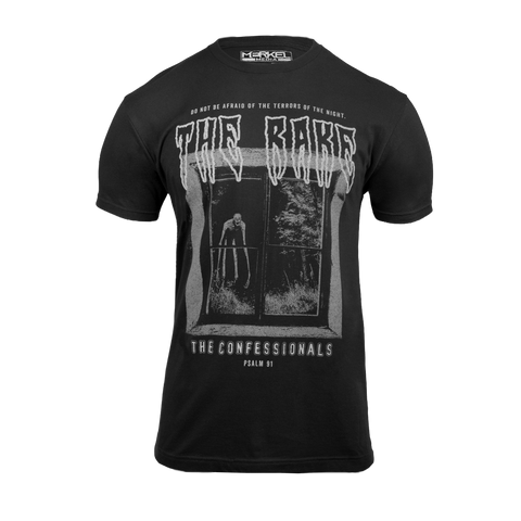 Black t-shirt with graphic design with text "THE RAKE THE CONFESSIONALS"