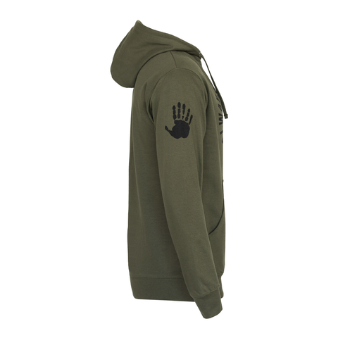 Side view of army hoodie with black 6 finger hand logo on right sleeve