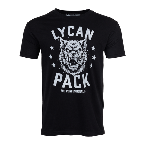 Black tee with white graphic of wolf with text "LYCAN PACK THE CONFESSIONALS"