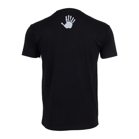 Rear view of black tee with white 6-finger handprint on upperback