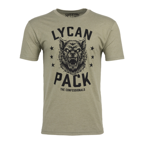 light olive shirt with black wolf graphic with text "LYCAN PACK THE CONFESSIONALS"
