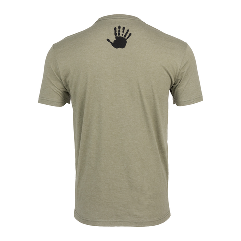 Rear view of light olive shirt with black 6-finger handprint on upperback