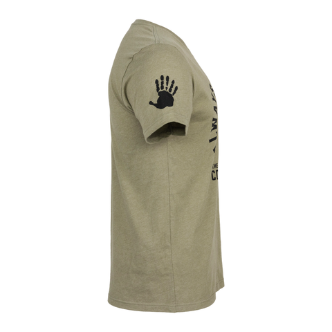 Side view of light olive tee with graphic of 6-finger handprint on right sleeve