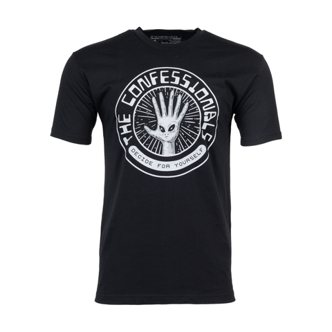 Black tee with alien hand graphic with text "THE CONFESSIONALS DECIDE FOR YOURSELF"