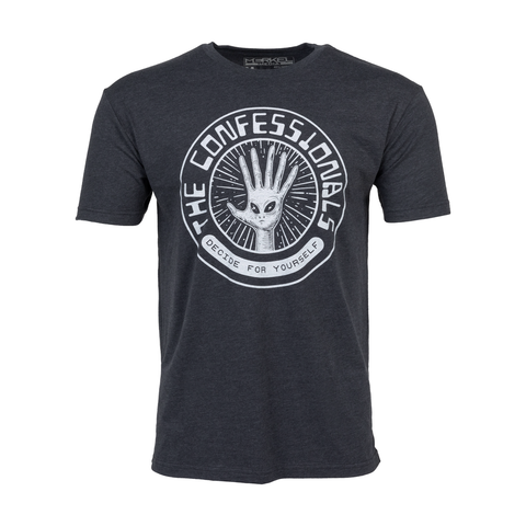 Charcoal tee with alien hand graphic with text "THE CONFESSIONALS DECIDE FOR YOURSELF"