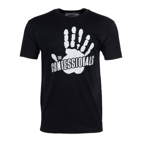 Black tee with white 6-finger handprint graphic with text "THE CONFESSIONALS"