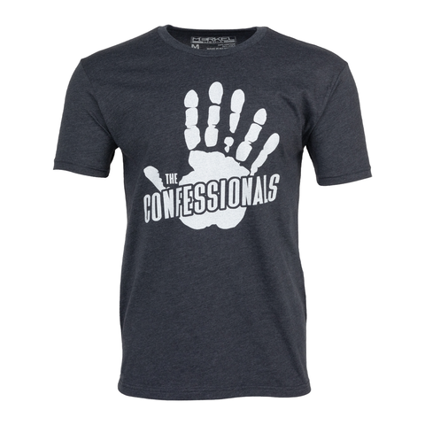 Charcoal tee with white 6-finger handprint graphic with text "THE CONFESSIONALS"