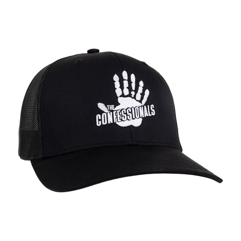 black hat with white 6-finger handprint on front with text "THE CONFESSIONALS"