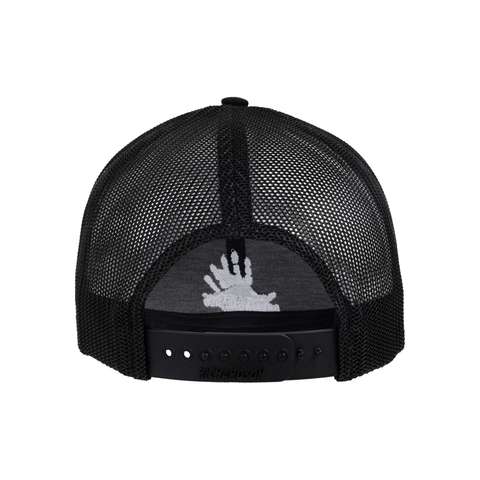 rear view of black adjustable meshback hat