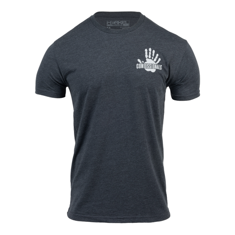 Front view of charcoal shirt with Palm logo graphic with 6 fingers on left chest with text "THE CONFESSIONALS"